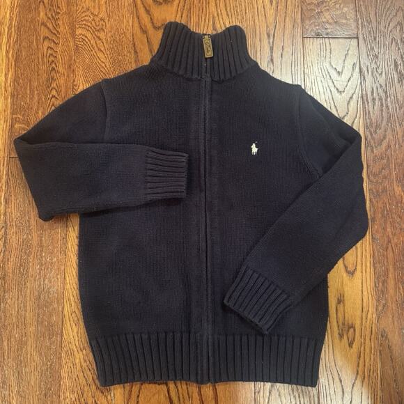 Polo Ralph Lauren Cardigan Sweater Boys 7 Full Zip Navy White Pony Logo Preppy - Picture 1 of 9